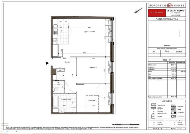 Appartement F3 à vendre - 3 pièces - 63,28 m2 - Le Blanc Mesnil - 93 - ILE-DE-FRANCE